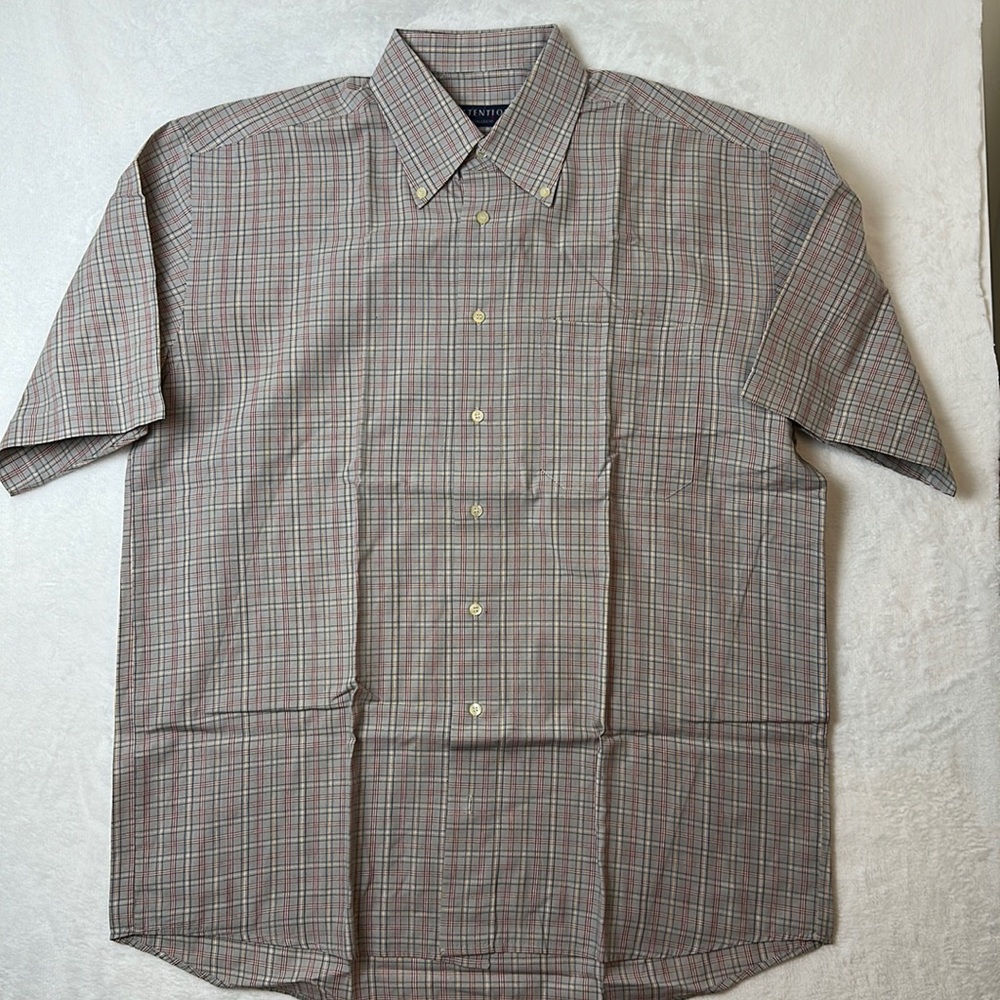 Attention Men’s Button down Short Sleeve Casual Striped Taupe Size Large 41/42